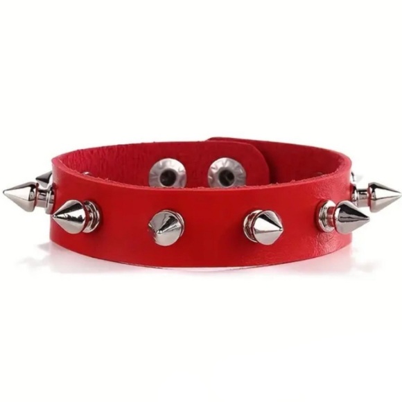 Red Punk Spiked Cuff Bracelet Faux Leather Gothic Studded Unisex - Picture 3 of 3